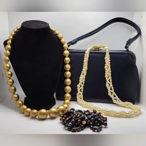 Vintage 50's Navy Blue Purse With 3 Necklaces Bundle!